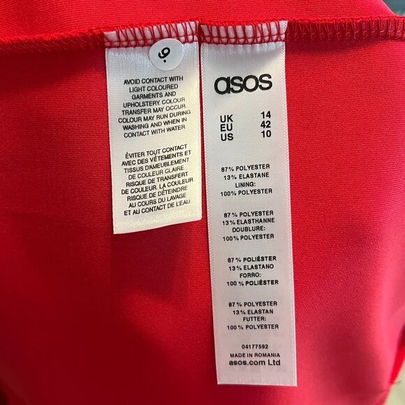 ASOS Soft Ruffle Peplum Red V-Neck Knee Length Belted Pencil Dress size 10 - Picture 5 of 5